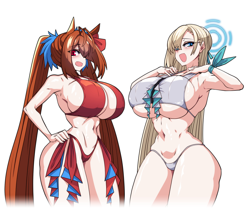 2_girls animal_ears antenna_hair asuna_(blue_archive) bare_shoulders bikini blonde_hair blue_archive blue_eyes blue_halo blush breasts cleavage daiwa_scarlet_(umamusume) groin hair_over_one_eye hair_ribbon halo hand_on_own_chest hand_on_own_hip high_res horse_ears horse_girl huge_breasts lazy_ant long_hair looking_at_viewer multiple_girls navel open_mouth red_bikini red_eyes red_hair ribbon smile swimsuit thighs twin_tails uma_musume_-_pretty_derby umamusume umamusume_pretty_derby under_boob very_long_hair white_bikini wrist_ribbon