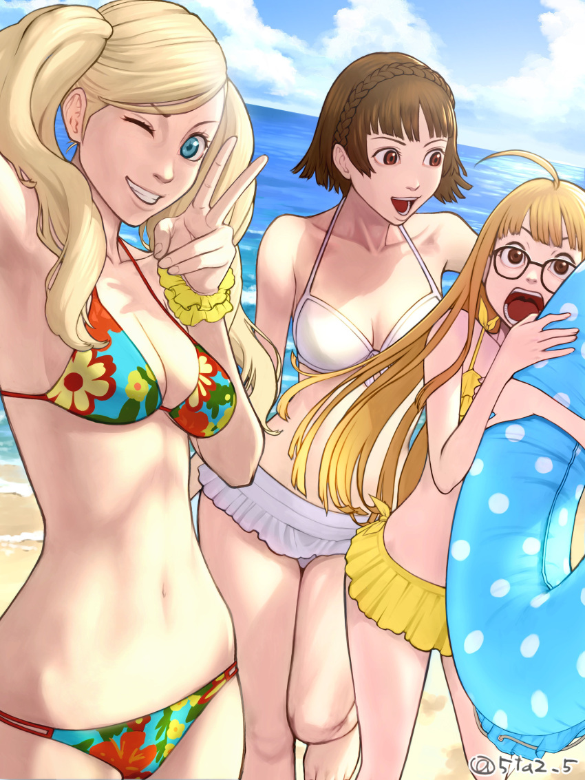 3_girls 5tatsu absurd_res ahoge alluring ann_takamaki atlus bare_arms barefoot beach bikini blonde_hair blue_eyes blunt_bangs blunt_ends bob_cut braid brown_eyes cleavage cloud cloudy_sky cowboy_shot crown_braid day floral_print floral_print_bikini frilled_bikini frills glasses grin high_res holding holding_swim_ring innertube long_hair looking_at_viewer lower_teeth_only makoto_niijima medium_breasts midriff multicolored_bikini multiple_girls navel ocean one_eye_closed open_mouth outside persona persona_5 print_bikini ruffle_bikini sakura_futaba scrunchie sega short_hair silf sky smile swept_bangs swim_ring swimsuit teeth twin_tails twitter_username upper_teeth_only v white_bikini wrist_scrunchie yellow_bikini