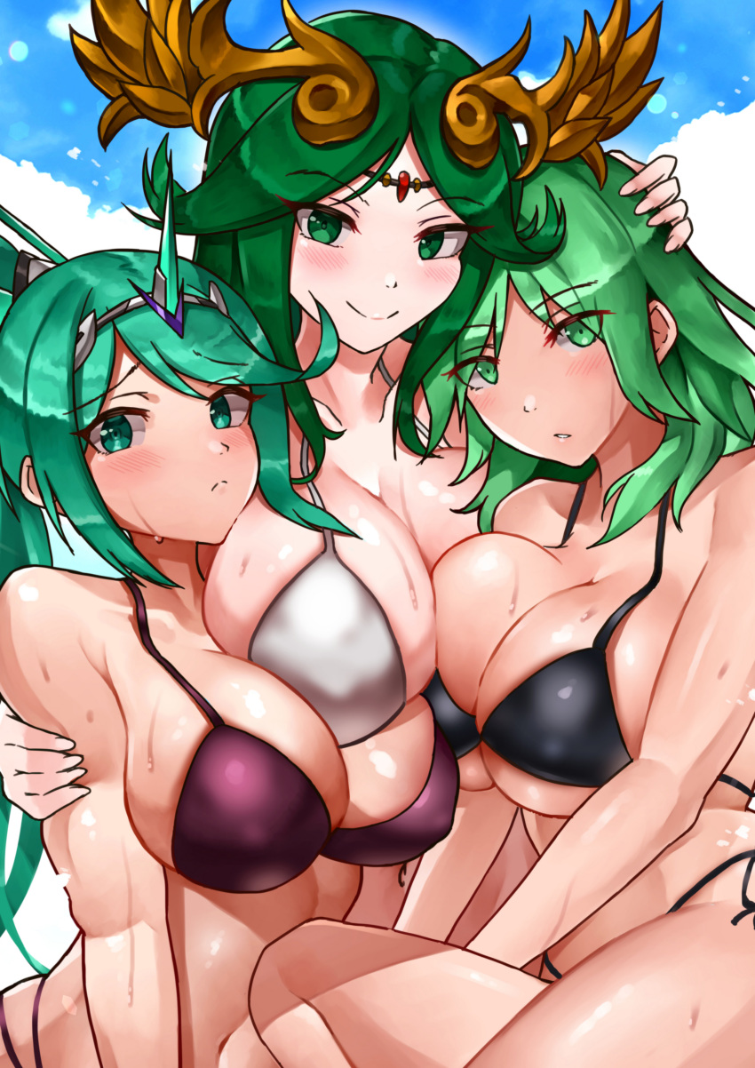 3girls absurd_res alluring big_breasts bikini byleth_(fire_emblem) byleth_(fire_emblem)_(female) cleavage color_connection commentary_request company_connection crossover fake_horns female_focus fire_emblem fire_emblem:_three_houses green_eyes green_hair hair_color_connection hand_on_another's_head hand_on_another's_shoulder high_res horned_headwear horns intelligent_systems kid_icarus kid_icarus_uprising long_hair matching_hair/eyes monolith_soft multiple_girls nintendo palutena pneuma_(xenoblade) ponytail smile swimsuit teal_eyes teal_hair tiara trait_connection under_boob wet xenoblade_(series) xenoblade_chronicles_2 yotsuha_uni yotsuhauni