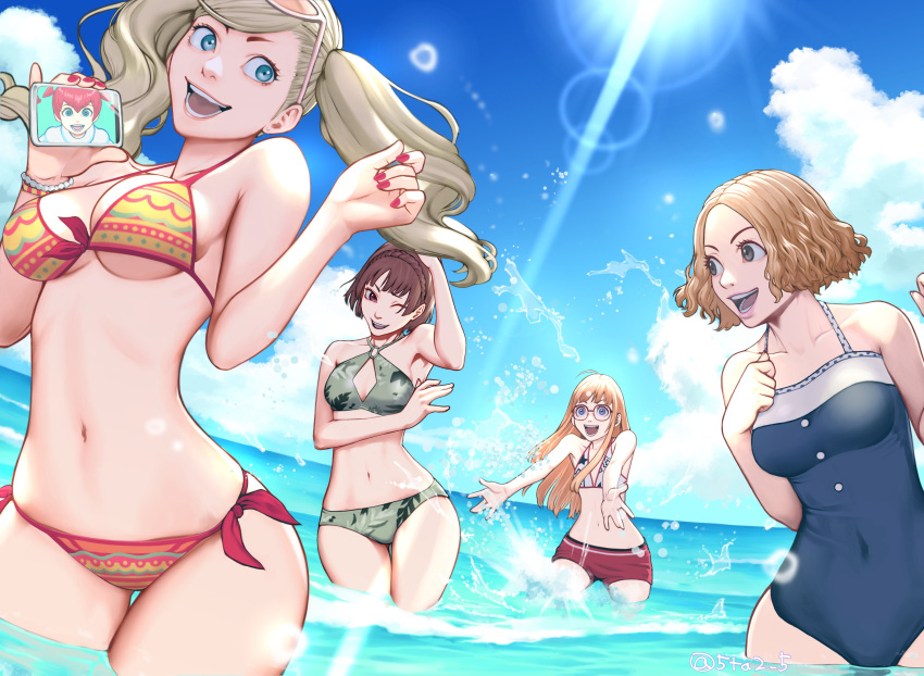 5girls 5tatsu ahoge alluring ann_takamaki bare_arms bare_shoulders beach bikini blonde_hair blue_eyes blue_one-piece_bikini blunt_bangs braid breasts brown_eyes brown_hair cleavage_cutout closed_mouth clothing_cutout covered_navel crown_braid earrings eyewear_on_head glasses green_bikini grey_eyes halterneck hand_on_own_chest high_res holding holding_phone jewelry lens_flare long_hair makoto_niijima medium_breasts midriff multiple_girls nail_polish navel ocean okumura_haru one-piece_swimsuit one_eye_closed open_mouth orange_hair outside outstretched_arms parted_bangs partially_submerged persona persona_5 persona_5_scramble:_the_phantom_strikers phone print_bikini red_hair red_nails sakura_futaba short_hair short_twintails side-tie_bikini_bottom sideboob silf small_breasts smile sophia_(p5s) splashing straight_hair sunlight swept_bangs swimsuit thigh_gap twin_tails under_boob w_arms wavy_hair