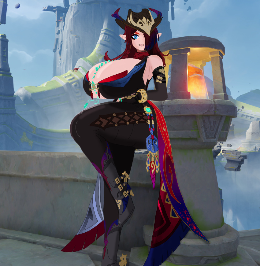 blue_eyes bullets chasca_(genshin_impact) cleavage cowboy_boots cowboy_hat feathers game_background genshin_impact gigantic_breasts hotpants leg_lift literally_my_wife looking_at_viewer massive_ass massive_thighs open_topwear posing red_hair self_upload smirking vision_(genshin_impact) wristwear