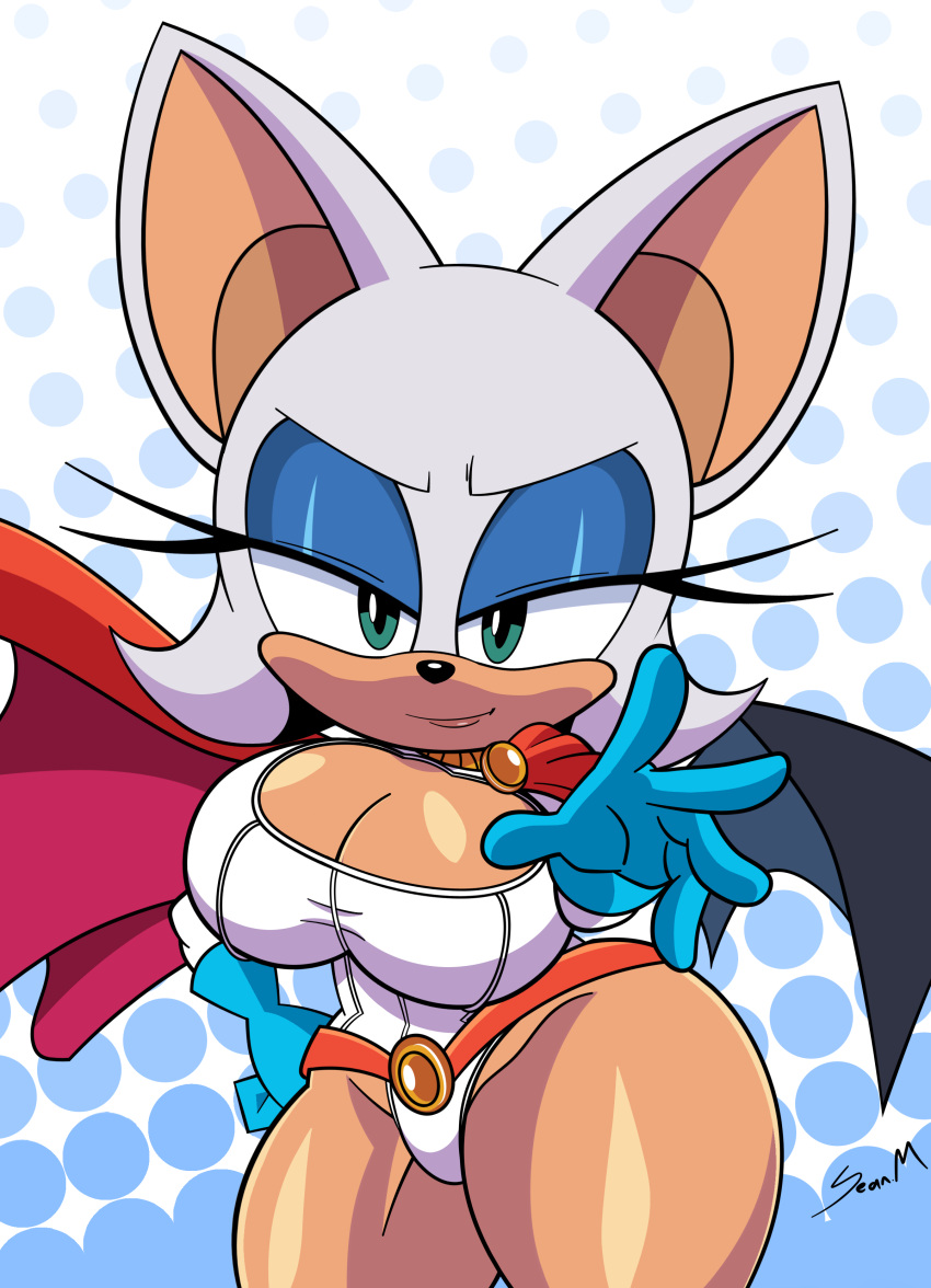 rndc_comics absurd_res anthro bat bat_ears bat_wings big_breasts breasts cape chiropteran cleavage cleavage_cutout clothed clothing cosplay crossover crossover_cosplay cutout digital_media_(artwork) eyeshadow female furry halloween_costume hi_res leotard looking_at_viewer mammal membrane_(anatomy) membranous_wings mobian_(species) mobian_monster power_girl power_girl_(cosplay) rouge_the_bat sega short_stack solo sonic_the_hedgehog_(series) superhero_costume superheroine tan_skin teal_eyes thick_thighs video_game_character video_game_franchise white_hair wings