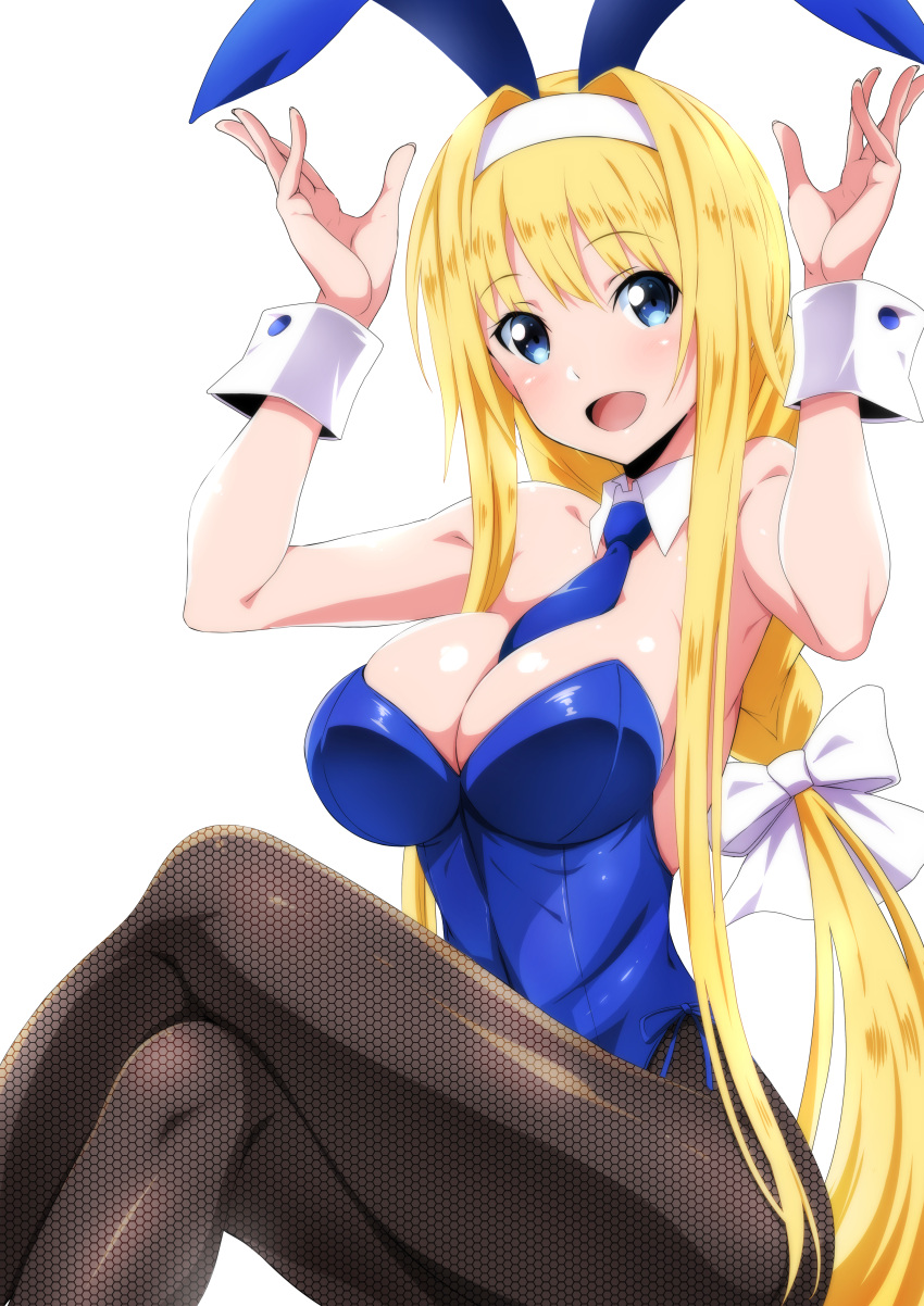 1girl absurd_res airando alice_schuberg alluring animal_ears big_breasts blonde_hair blue_eyes blue_leotard blue_necktie breasts brown_pantyhose cleavage detached_collar fake_animal_ears female_focus fishnet_pantyhose fishnets high_res island_(kossori) leotard long_hair looking_at_viewer neck_tie pantyhose playboy_bunny rabbit_ears rabbit_girl rabbit_tail simple_background sitting smile strapless strapless_leotard sword_art_online sword_art_online:_alicization tail very_long_hair white_background wrist_cuffs