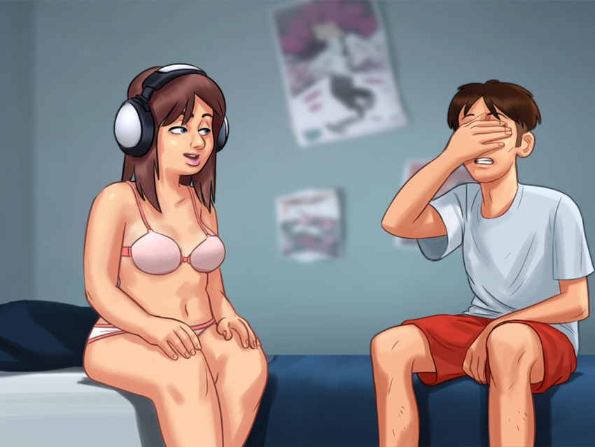 1boy 1girl 1girls 2d bed bed_sheet bedroom blue_eyes bottomwear bra brown_hair clothed clothing covering covering_eyes darkcookie digital_drawing_(artwork) digital_media_(artwork) duo headphones headwear june_(summertime_saga) light-skinned_female light_skin long_hair looking_at_partner main_character_(summertime_saga) male male/female on_bed panties room shirt shocked shocked_expression sitting sitting_on_bed summertime_saga teen teenage_female thick_thighs topwear underwear