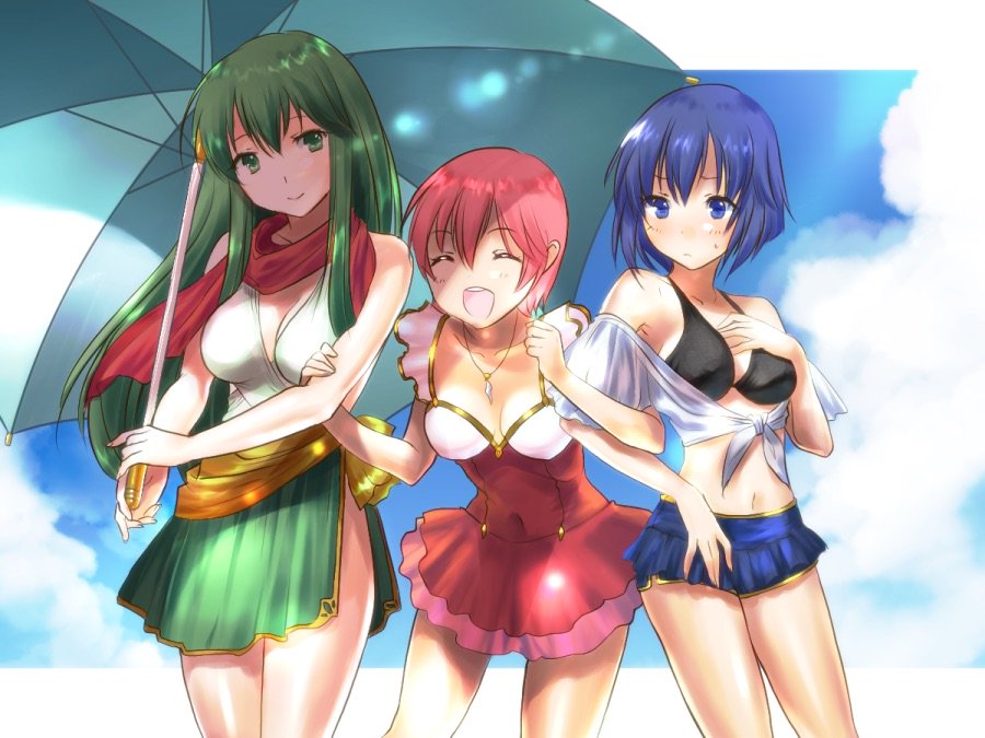 3_girls alluring bikini blue_eyes blue_hair blue_sky catria_(fire_emblem) closed_eyes closed_mouth cloud est_(fire_emblem) fire_emblem fire_emblem:_mystery_of_the_emblem green_eyes green_hair holding holding_umbrella intelligent_systems jewelry lazulia long_hair multiple_girls necklace nintendo open_mouth palla_(fire_emblem) pink_hair short_hair siblings silf silfs sisters sky smile swimsuit umbrella