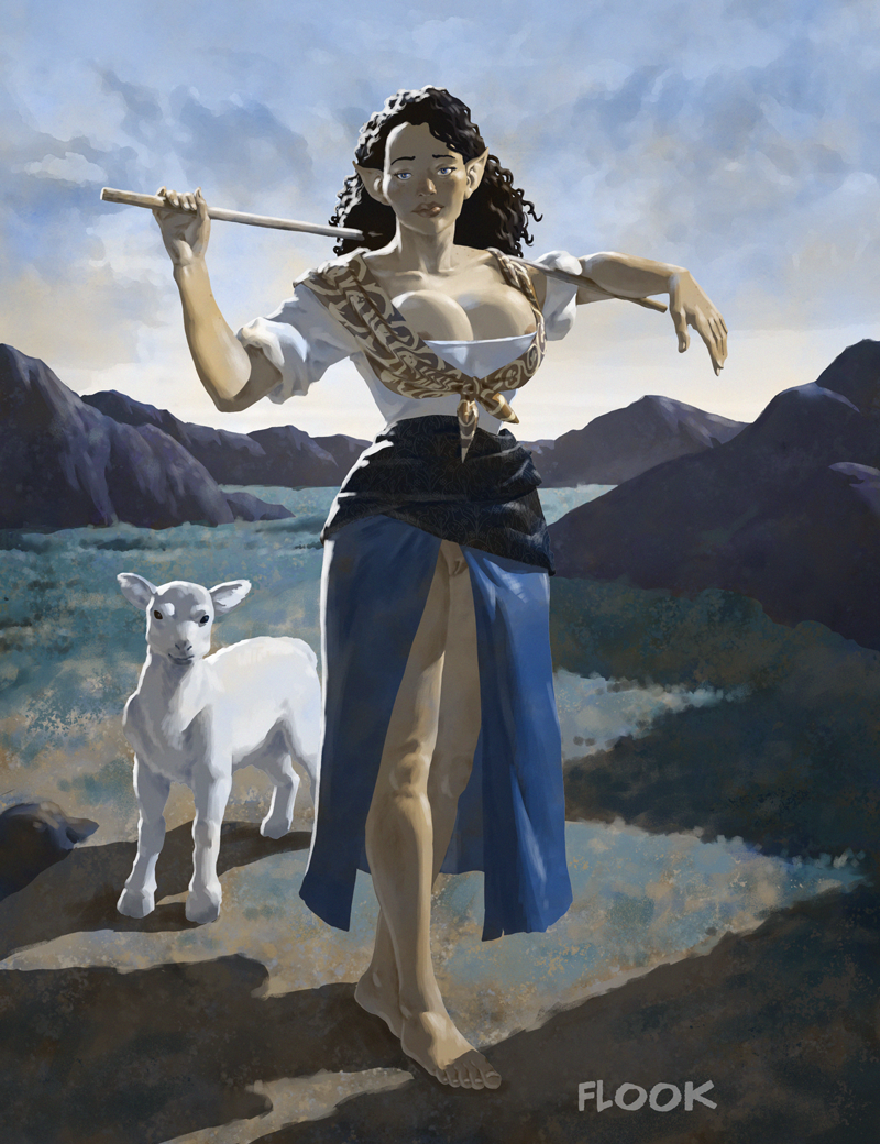 1girl animal areola_slip bare_legs bare_shoulders barefoot big_breasts black_hair blue_eyes breasts brown_lipstick cleavage closed_mouth collarbone crossed_legs curly_hair day dress elf elf_female expressionless feet female_focus female_only female_solo flook flook_(artist) full_body half-closed_eyes holding holding_object holding_staff lamb legs lips lipstick long_hair looking_at_viewer makeup neck no_panties original original_character outside pointy_ears pussy rock shadow sheep solo_focus staff standing thighs uncensored wavy_hair