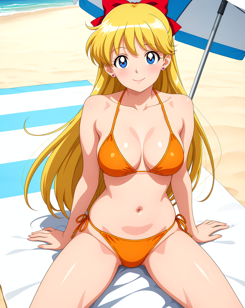 1girl adult_swim alluring beach beach_umbrella big_breasts bishoujo_senshi_sailor_moon bishoujo_senshi_sailor_moon_r bishoujo_senshi_sailor_moon_r_the_movie bishoujo_senshi_sailor_moon_s bishoujo_senshi_sailor_moon_s_the_movie bishoujo_senshi_sailor_moon_supers bishoujo_senshi_sailor_moon_supers_the_movie blonde_hair blue_eyes cleavage minako_aino ocean on_beach_towel pin_up thedaeron toei_animation toonami viz_media