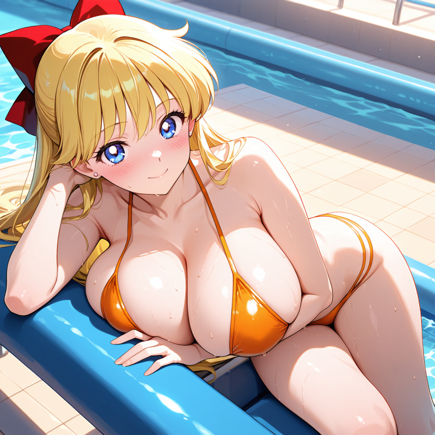 1girl accurate_art_style adult_swim alluring ass big_breasts bikini bishoujo_senshi_sailor_moon bishoujo_senshi_sailor_moon_r bishoujo_senshi_sailor_moon_r_the_movie bishoujo_senshi_sailor_moon_s bishoujo_senshi_sailor_moon_s_the_movie bishoujo_senshi_sailor_moon_supers bishoujo_senshi_sailor_moon_supers_the_movie blonde_hair blue_eyes cleavage funzone_(artist) minako_aino posing swimming_pool toei_animation toonami viz_media