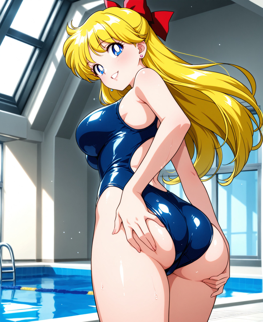 1girl accurate_art_style adult_swim alluring ass big_breasts bishoujo_senshi_sailor_moon bishoujo_senshi_sailor_moon_r bishoujo_senshi_sailor_moon_r_the_movie bishoujo_senshi_sailor_moon_s bishoujo_senshi_sailor_moon_s_the_movie bishoujo_senshi_sailor_moon_supers bishoujo_senshi_sailor_moon_supers_the_movie blonde_hair blue_eyes blue_one-piece_bikini dddske looking_at_viewer minako_aino one-piece_bikini pin_up posing swimming_pool toei_animation toonami viz_media