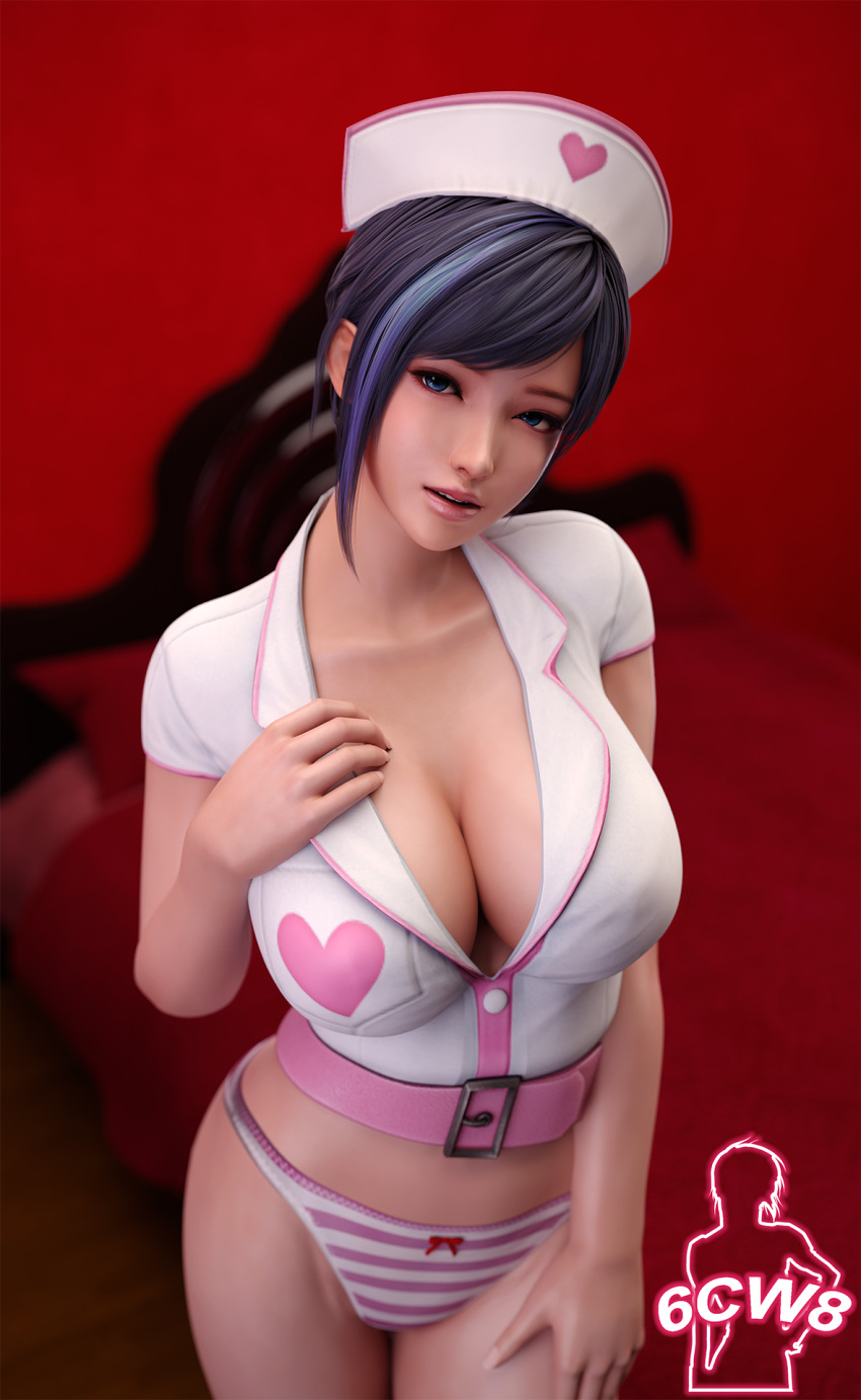 1girl 6cw8 alluring bed bedroom big_breasts black_and_blue_hair blue_eyes cleavage dead_or_alive dead_or_alive_xtreme_venus_vacation hat panties reika_(doa) shirt tecmo