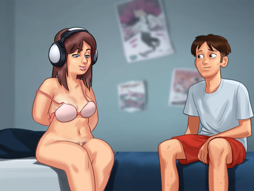 1boy 1girl 1girls 2d bed bed_sheet bedroom blue_eyes bottomless bottomwear bra brown_hair clothed clothing darkcookie digital_drawing_(artwork) digital_media_(artwork) duo grin half-dressed half_naked headphones headwear june_(summertime_saga) light-skinned_female light_skin long_hair looking_at_partner looking_down main_character_(summertime_saga) male male/female on_bed partially_clothed pubic_hair room shirt sitting sitting_on_bed smile summertime_saga teen teenage_female thick_thighs topwear triforce-shaped_pubic_hair underwear undressing