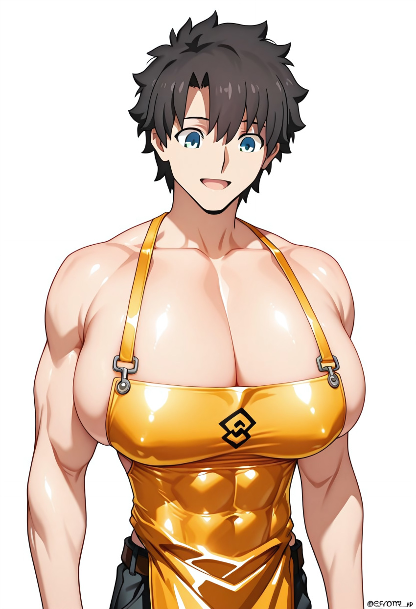 1boy 1girl ai_generated apron artist_request black_hair blue_eyes fate_(series) fujimaru_ritsuka_(male) light_skin male_only simple_background skin_tight skin_tight_outfit sole_male type-moon white_background