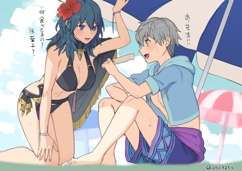 1boy 1girl alternate_costume ashe_ubert ashe_ubert_(summer) beach big_breasts bikini black_bikini blue_eyes byleth_(fire_emblem) byleth_(fire_emblem)_(female) byleth_(summer)_(fire_emblem)_(female) fire_emblem fire_emblem:_three_houses flower food green_eyes grey_hair hair_flower hair_ornament hand_on_own_thigh high_res holding holding_food ice_cream intelligent_systems nintendo official_alternate_costume sweatdrop swimsuit teal_hair ushiomi