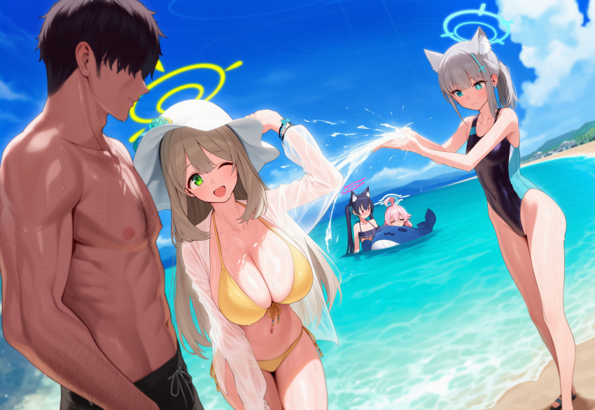 1boy 4girls ai_generated bare_thighs beach big_breasts bikini black_hair blue_archive blue_eyes cat_ears gigantic_breasts green_eyes hoshino_(blue_archive) huge_breasts huge_thighs kuromi_serika light-skinned_female light_skin massive_breasts muscular_male nero_(artist) nonomi_(blue_archive) nonomi_(swimsuit)_(blue_archive) one_eye_closed pink_hair ponytail sensei_(blue_archive) shiroko_(blue_archive) silver_hair squatting sweat sweatdrop thick_body thick_female thick_thighs thighs twin_tails voluptuous voluptuous_female
