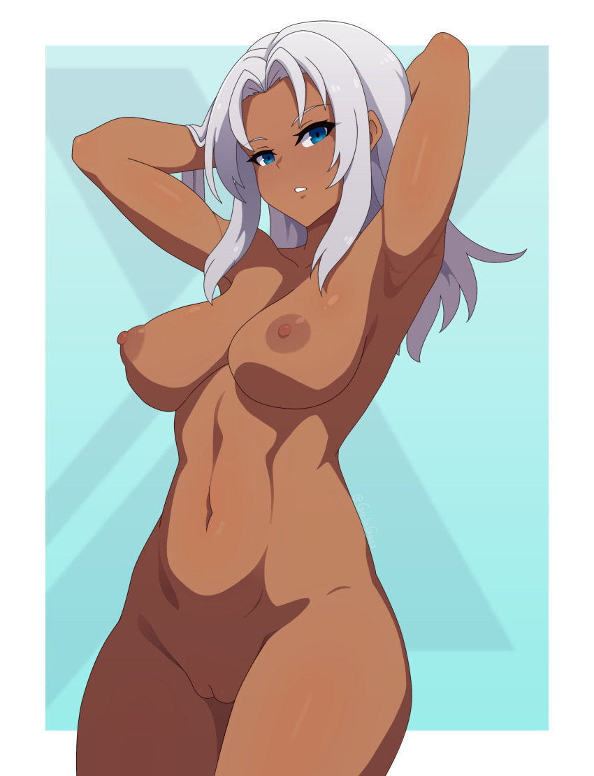 1girl 1girl 1girl absurd_res alluring arms_behind_head arms_up athletic_female big_breasts big_breasts blue_eyes dark-skinned_female dark_skin elma_(xenoblade_x) female_abs fit_female guilegaze high_res looking_at_viewer navel nipples nude parted_lips seductive_gaze toned uncensored white_hair xenoblade_(series) xenoblade_chronicles_x