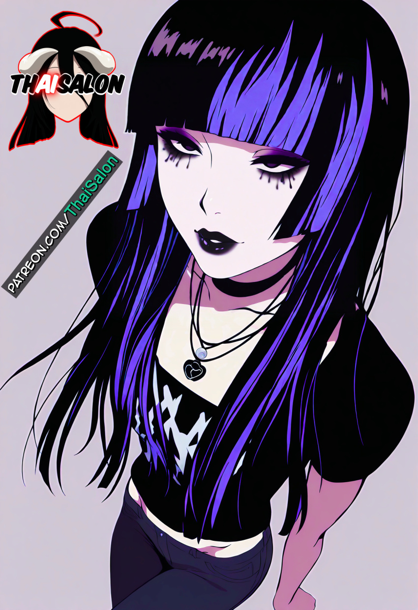 1girl 1girl 1girls ai_assisted ai_generated alt_girl basic_background black_choker black_hair black_lips black_lipstick black_shirt choker chromatic_abberation clothed clothing emo emo_girl emo_hair eyelashes eyeliner eyeshadow goth goth_girl half-closed_eyes high_res hires jewelry light_skin lips lipstick looking_at_viewer makeup necklace pants parted_lips patreon patreon_username purple_hair sexually_suggestive sfw simple_background stable_diffusion tagme teeth thaisalon two-tone_hair watermark white_body