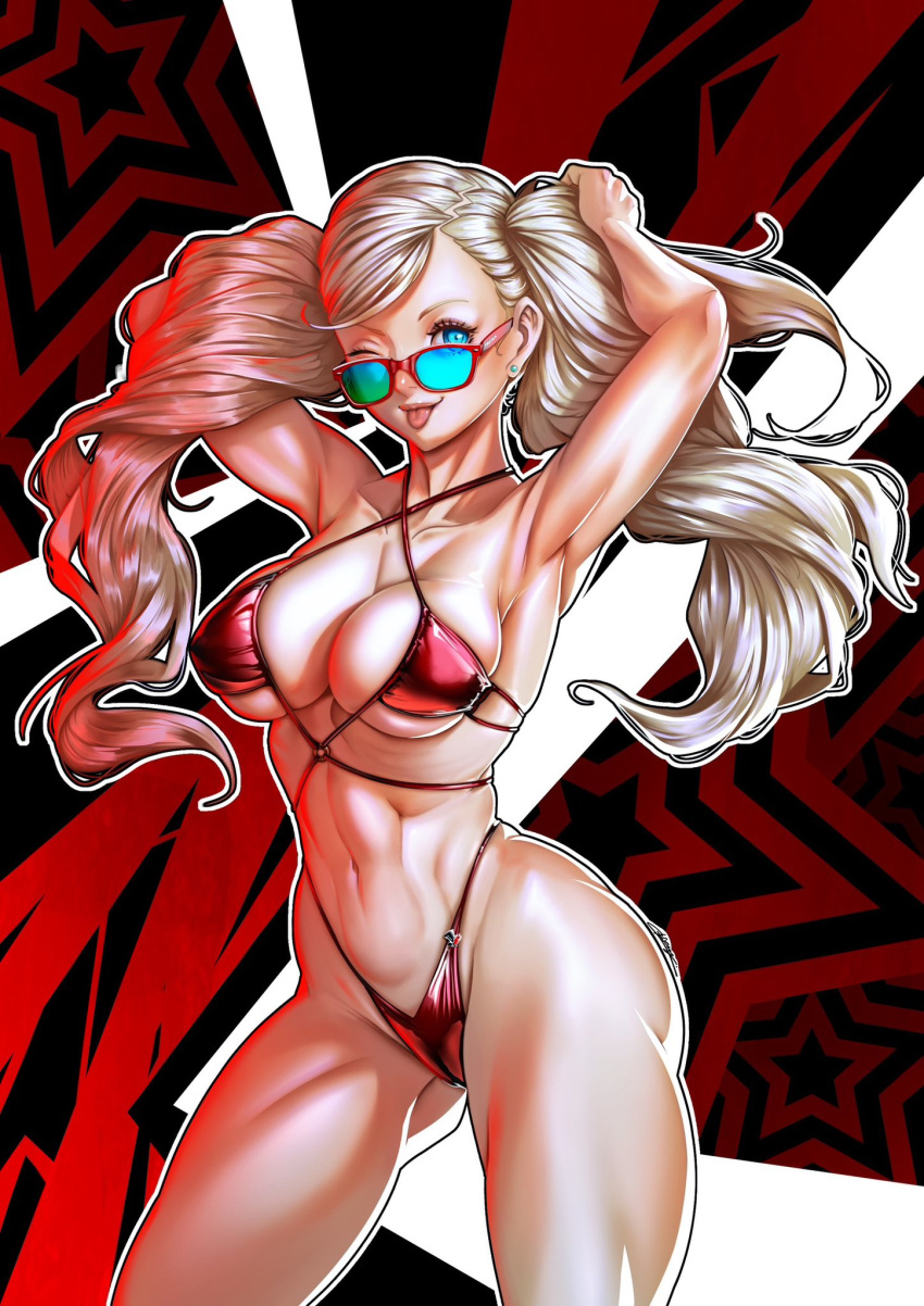 1girl 1girl 2d alluring ann_takamaki athletic_female atlus big_breasts bikini blonde_eyebrows blonde_hair blue-tinted_eyewear blue_eyes earrings female_abs female_only fit_female hands_behind_head holding_head legs long_hair looking_at_viewer looking_over_eyewear looking_over_glasses looking_over_sunglasses megami_tensei nemodecy pale_skin partially_nude persona persona_5 red_background red_bikini sega string_bikini sunglasses tinted_eyewear tongue tongue_out twin_tails