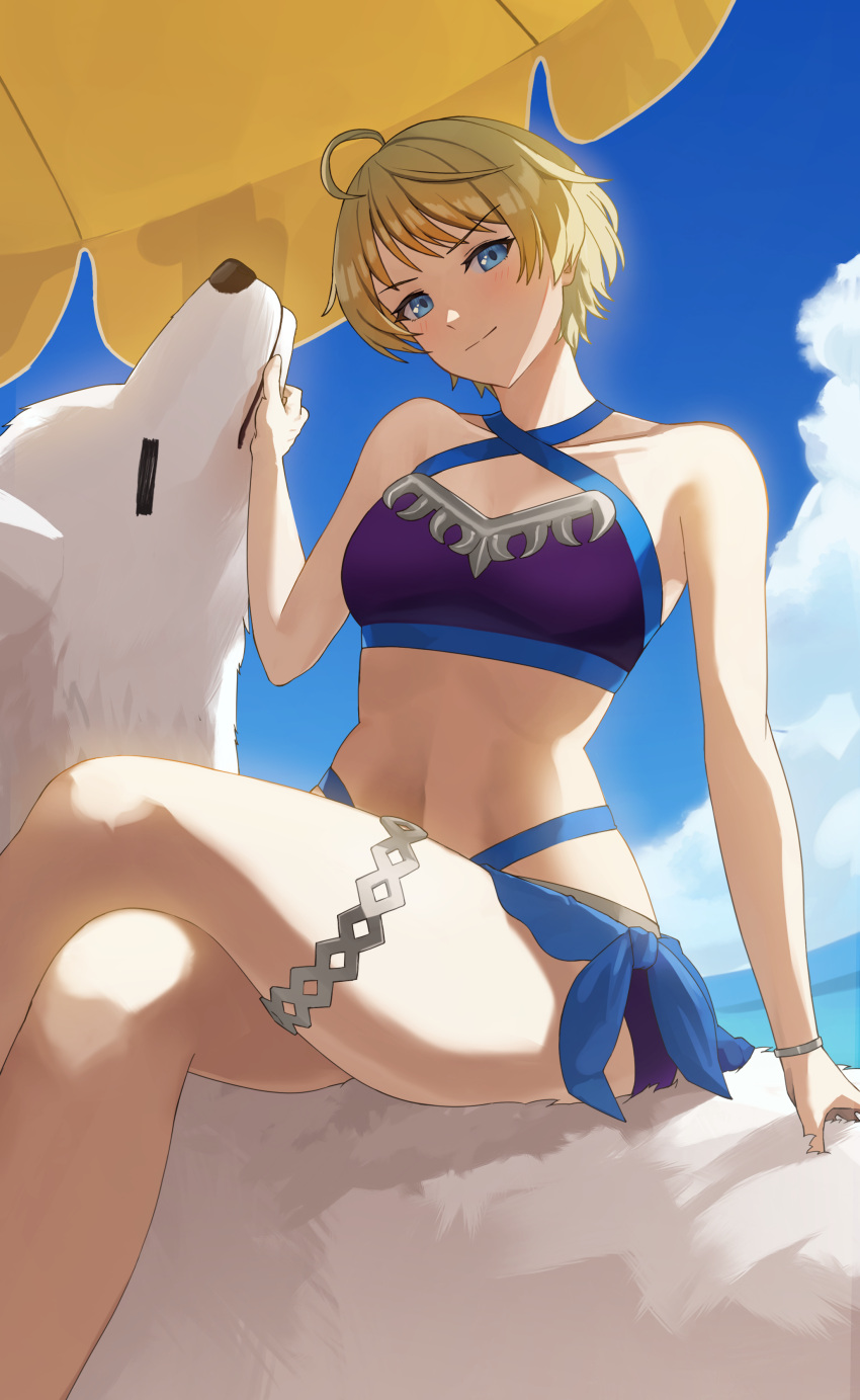 1girl 1girl absurd_res ahoge alluring alternate_costume beach_umbrella bikini blonde_hair blue_bikini blue_eyes criss-cross_halter crossed_legs fire_emblem fire_emblem_engage halterneck high_res intelligent_systems jewelry looking_at_viewer merrin_(fire_emblem) nintendo pearlbbbb purple_bikini short_hair sitting_on_animal small_breasts smile swimsuit thighlet thighs umbrella wolf