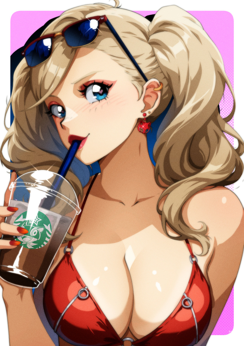 1girl 1girl absurd_res alluring ann_takamaki atlus big_breasts bikini blonde_hair blue_eyes cleavage collarbone commentary cup disposable_cup drinking drinking_straw earrings english_commentary eyeliner eyewear_on_head gravydood high_res holding holding_cup jewelry makeup morgana_(persona_5) persona persona_5 red_bikini red_eyeliner red_lips red_nails sega sunglasses swimsuit twin_tails upper_body