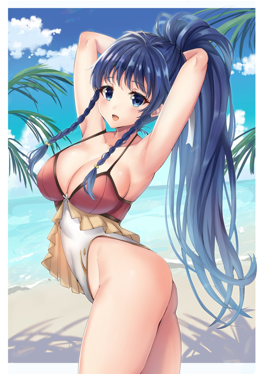 1girl 1girl alluring arms_up beach blue_eyes blue_hair blue_sky braid cleavage cloud day fire_emblem fire_emblem:_the_sacred_stones fire_emblem_heroes from_side high_res intelligent_systems long_hair looking_to_the_side nintendo one-piece_bikini open_mouth outside ponytail sky swimsuit tana_(fire_emblem) tana_(noble_and_nimble)_(fire_emblem) water yui_(msy1302mana)