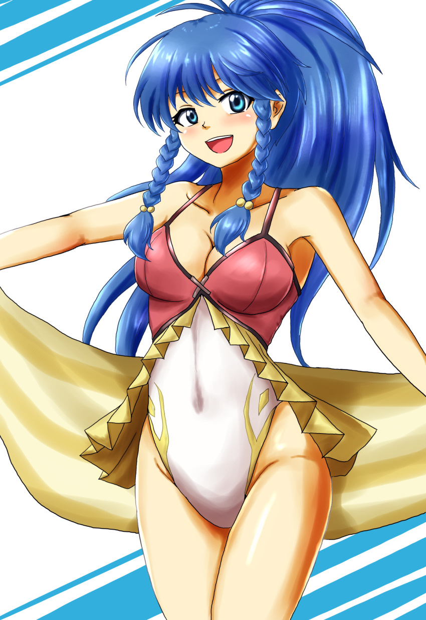 1girl 1girl blue_eyes blue_hair braid casual_one-piece_bikini d-m_(dii_emu) female_focus fire_emblem fire_emblem:_the_sacred_stones fire_emblem_heroes high_res intelligent_systems long_hair looking_at_viewer medium_breasts nintendo one-piece_bikini open_mouth ponytail side_braid simple_background smile swimsuit tana_(fire_emblem) tana_(noble_and_nimble)_(fire_emblem) twin_braids white_background