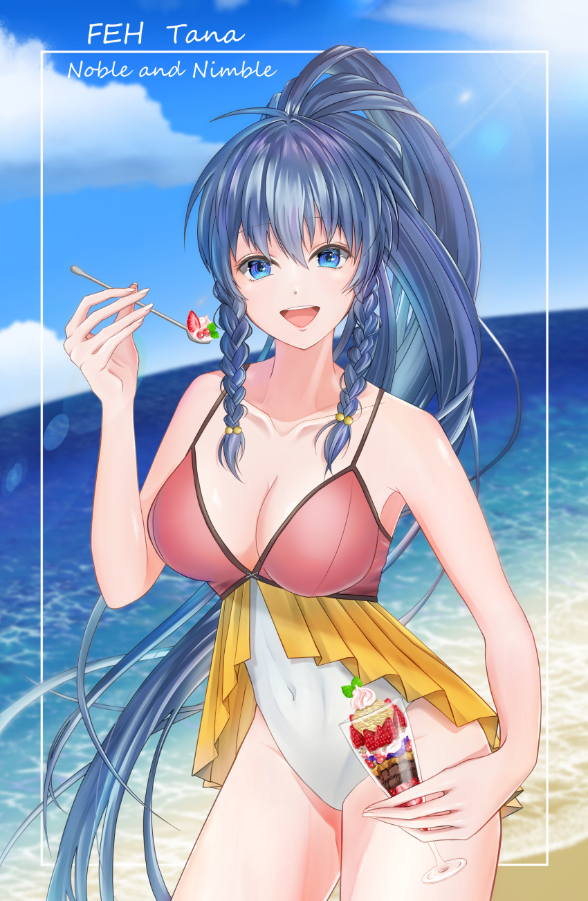 1girl 1girl :d absurd_res alluring bare_shoulders beach big_breasts blue_eyes blue_hair braid character_name cleavage collarbone covered_navel cowboy_shot fire_emblem fire_emblem:_the_sacred_stones fire_emblem_heroes food frills fruit high_res holding holding_spoon ice_cream intelligent_systems lapin_(hthy2255) long_hair looking_at_viewer nintendo ocean official_alternate_costume one-piece_bikini open_mouth ponytail side_braids smile soft_serve spoon strawberry sundae sunlight swimsuit tana_(fire_emblem) tana_(noble_and_nimble)_(fire_emblem) towel twin_braids very_long_hair