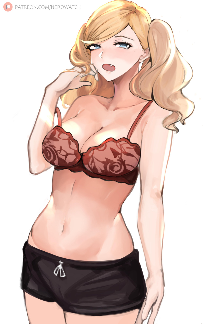 1girl 1girl :o absurd_res alluring ann_takamaki arm_at_side atlus big_breasts black_shorts blonde_hair blue_eyes bra collarbone cowboy_shot fang hand_up high_res long_hair navel nero_watch no_shirt open_mouth patreon_username persona persona_5 red_bra sega short_shorts shorts simple_background stomach strap_slip tears twin_tails underwear waking_up watermark wavy_hair web_address white_background yawning