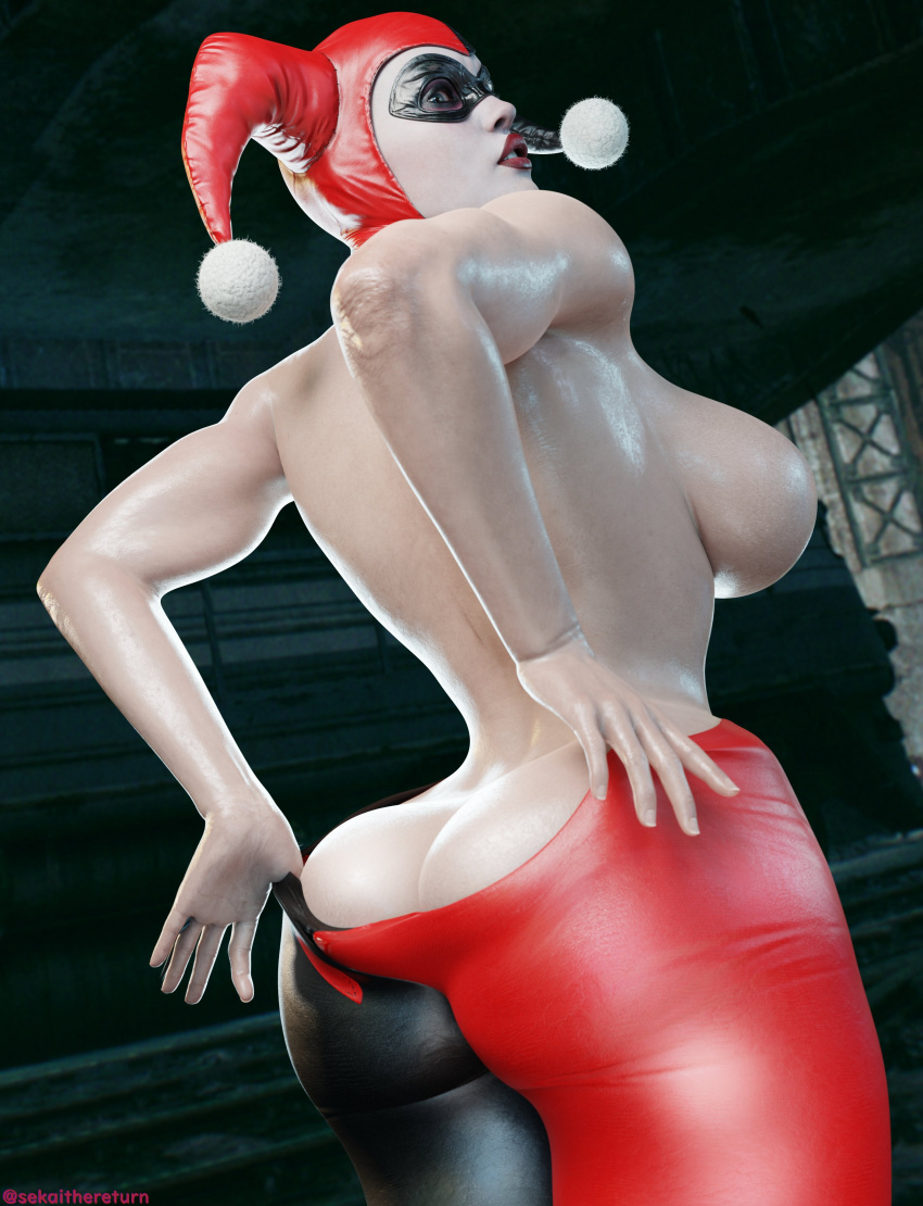 1girl 1girls 3d ass ass_crack batman:_arkham_knight batman_(series) big_ass big_breasts blue_eyes breasts bubble_butt butt_crack dc_comics female_focus female_only harley_quinn harley_quinn_(classic) harley_quinn_(injustice) hourglass_figure injustice_2 jester_cap light-skinned_female light_skin lipstick makeup pale-skinned_female pale_skin pinup pinup_pose pose posing rear_view sekaithereturn sideboob solo_female tagme topless wide_hips