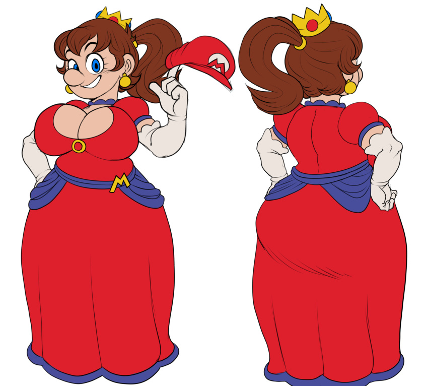 1girl 1girls alternate_costume alternate_version_available ass big_ass big_breasts big_nose blue_eyes breasts brown_hair character_sheet chubby chubby_female detnox dress female_focus genderswap genderswap_(mtf) gloves grin hat huge_ass huge_breasts light-skinned_female light_skin long_dress maria_(detnox) mariette mario_(series) pose posing red_dress smile smiling_at_viewer solo_female solo_focus super_mario_bros.