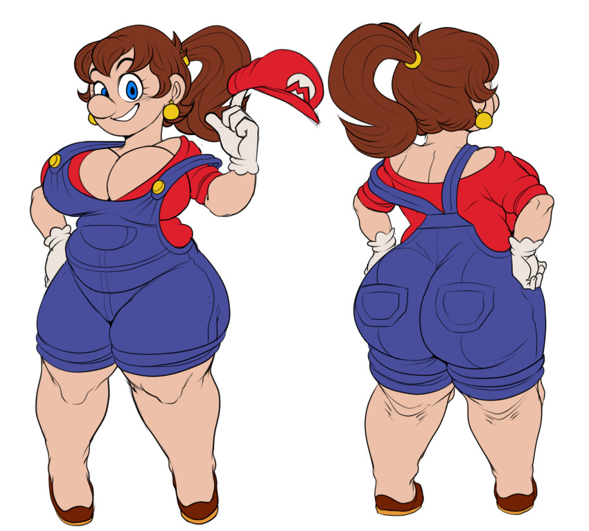 1girl 1girls ass big_ass big_breasts big_nose blue_eyes breasts brown_hair character_sheet chubby chubby_female detnox female_focus genderswap genderswap_(mtf) gloves grin hat huge_ass huge_breasts light-skinned_female light_skin maria_(detnox) mariette mario_(series) pose posing smile smiling_at_viewer solo_female solo_focus super_mario_bros.