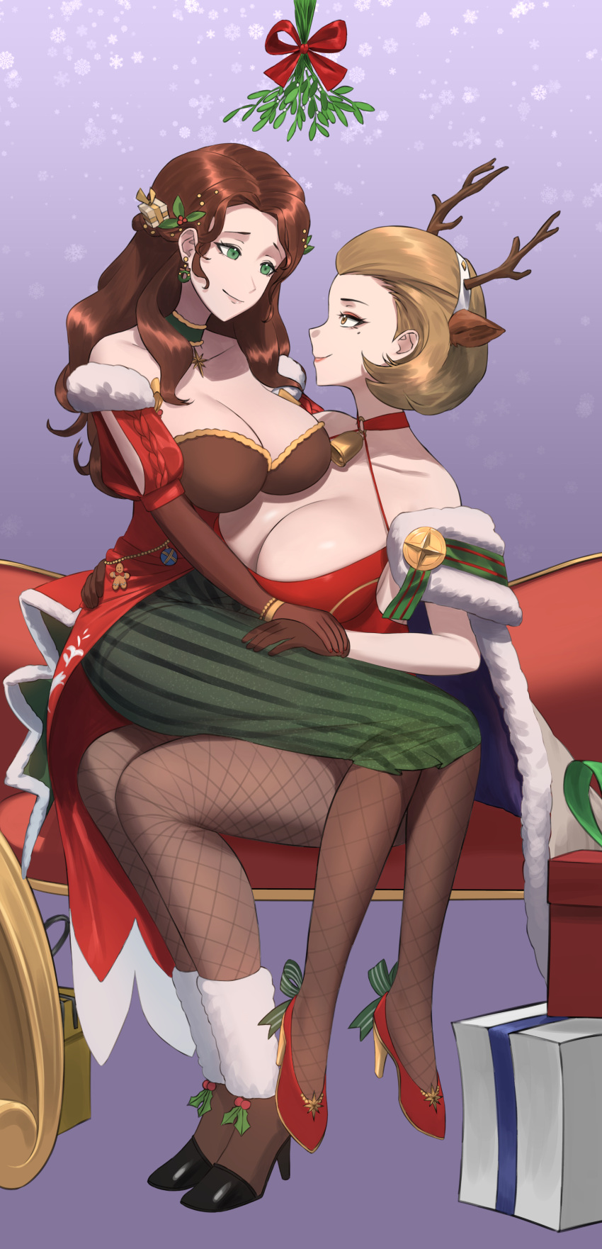1girl 2_girls alluring alternate_costume alternate_hairstyle alternate_version_available beauty_mark big_breasts braid christmas cleavage commission dorothea_arnault dorothea_arnault_(winter) eyeshadow female_only fire_emblem fire_emblem:_three_houses fire_emblem_heroes fire_emblem_warriors:_three_hopes fishnet_pantyhose intelligent_systems lipstick looking_at_another makeup manuela_casagranda manuela_casagranda_(winter) mistletoe mole mole_under_eye multiple_females multiple_girls nintendo official_alternate_costume official_alternate_hairstyle orange_eyeshadow orange_lips orange_lipstick pantyhose shou_illust sitting_on_lap smile yuri