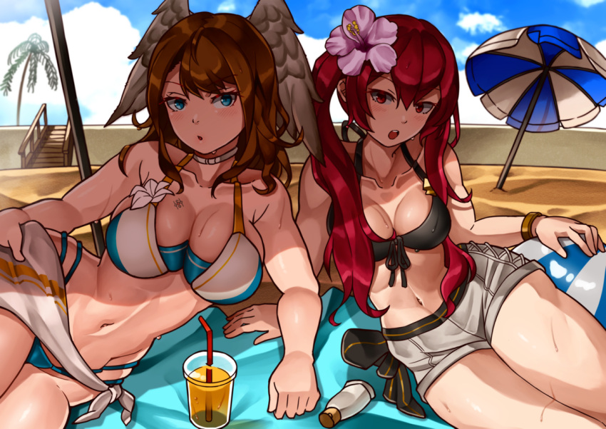 1girl 2_girls alluring alternate_costume beach beach_ball beach_towel beach_umbrella beachball bikini black_bikini black_swimsuit blue_bikini blue_eyes blue_swimsuit breast_tattoo brown_hair cleavage commission crossover eunie_(xenoblade) female_only fire_emblem fire_emblem_awakening flower_in_hair high_entia intelligent_systems legs looking_at_viewer medium_breasts monolith_soft navel nintendo oniisan02b open_mouth outside red_eyes red_hair sand severa_(fire_emblem) shorts sweat sweatdrop sweating swimsuit tattoo twin_tails wings_on_head xenoblade_(series) xenoblade_chronicles_3 yotsuhauni yuri