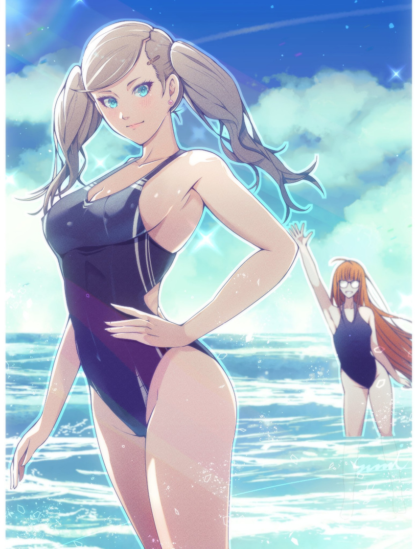 1girl 2_girls alluring ann_takamaki atlus bangs big_breasts blue_bikini blue_eyes blue_sky cleavage cloud competition_swimsuit corner50777313 day hand_on_hip long_hair looking_at_viewer medium_breasts multiple_females multiple_girls one-piece_bikini orange_hair outside persona persona_5 pool sakura_futaba sega sky smile sparkle standing swept_bangs swimsuit twin_tails wading water