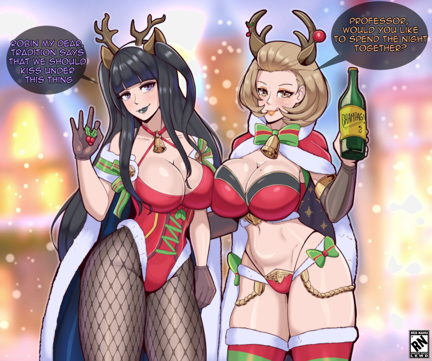 1girl 2_girls alluring antlers bell big_breasts black_eyeshadow black_hair black_lips black_lipstick bottle brown_eyes brown_hair cape christmas christmas_clothing christmas_headwear christmas_outfit cleavage costume_switch english english_text eyeshadow fake_animal_ears fake_antlers female_only fire_emblem fire_emblem:_three_houses fire_emblem_awakening fire_emblem_warriors fishnet fishnet_legwear fishnets gloves hair handwear hips holding_bottle holding_object holly_(plant) intelligent_systems legwear lips lipstick long_hair manuela_casagranda manuela_casagranda_(winter) mature mature_female mature_woman milf mole mole_on_breast nahusmash neckwear orange_eyeshadow orange_lips orange_lipstick purple_eyes short_hair speech_bubble text tharja tharja_(fire_emblem) tongue tongue_out