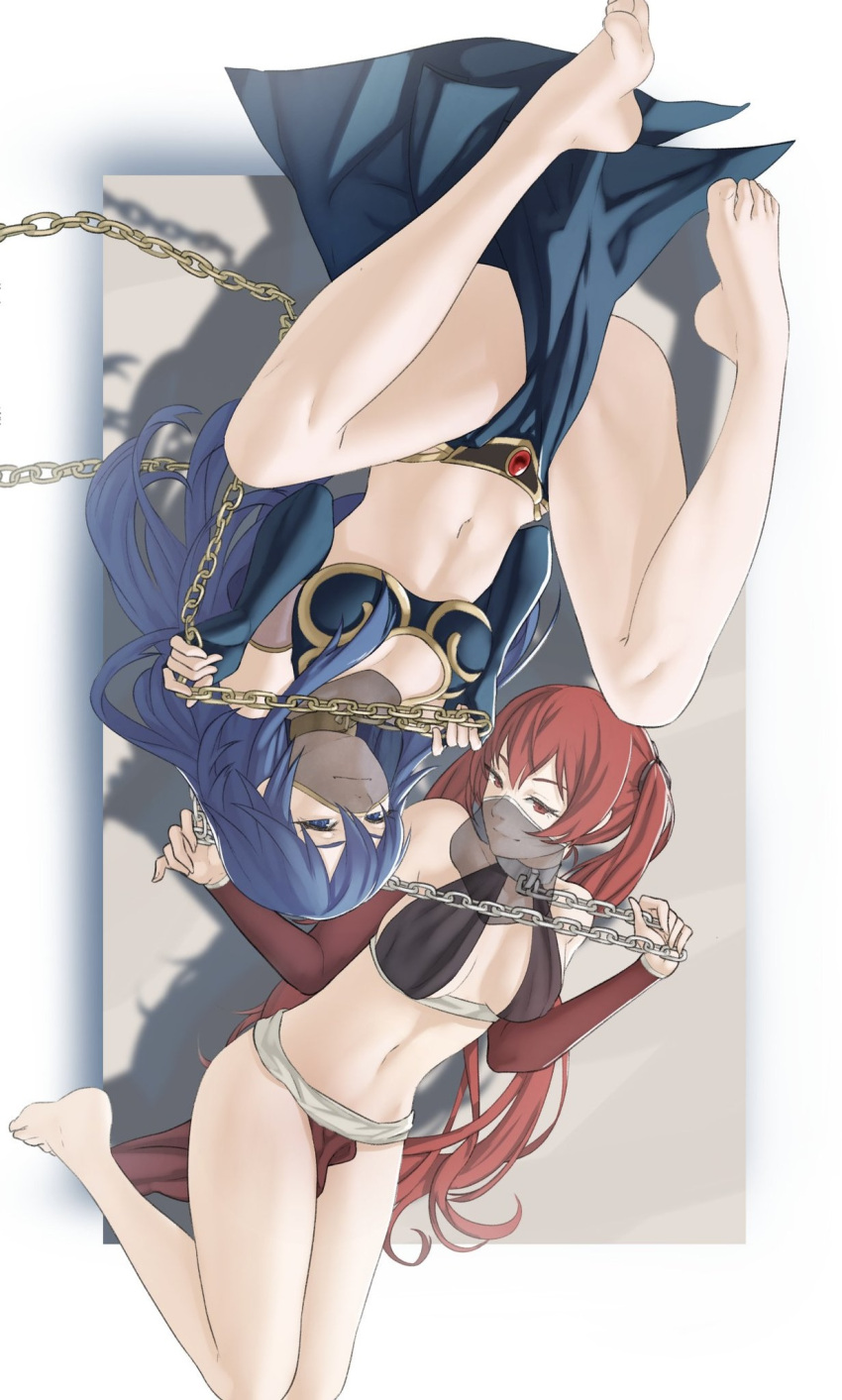 1girl 2_girls alluring arabian_clothes bare_shoulders big_breasts blue_eyes blue_hair blush dancer_outfit detached_sleeves earrings female_only fire_emblem fire_emblem_awakening fire_emblem_warriors hair_between_eyes hair_ornament harem_outfit intelligent_systems jewelry long_hair looking_at_viewer lucina lucina_(fire_emblem) medium_breasts mouth_veil multiple_females multiple_girls navel nintendo pomelomelon red_eyes red_hair severa_(fire_emblem) simple_background smile tiara twin_tails veil very_long_hair