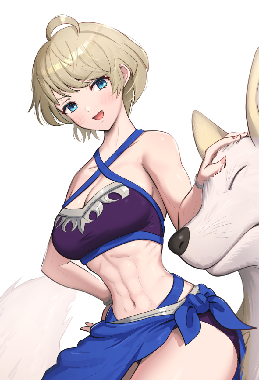 1girl abs ahoge alluring athletic_female big_breasts blonde_hair blue_eyes blush cleavage female_abs fire_emblem fire_emblem_engage fit_female gonzarez hand_on_own_hip high_res intelligent_systems medium_breasts merrin_(fire_emblem) navel nintendo petting simple_background smile white_background wolf