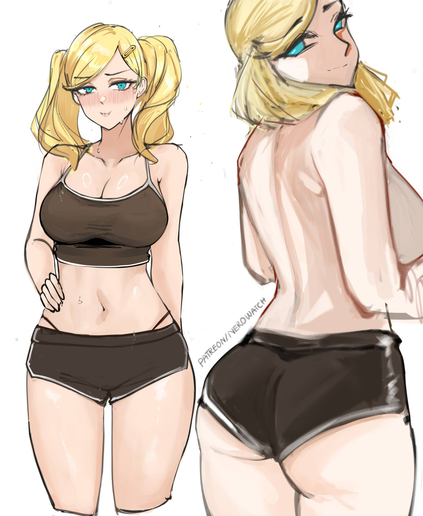 1girl absurd_res alluring ann_takamaki ass atlus back big_breasts black_camisole black_shorts blonde_hair blue_eyes blush camisole cleavage commentary crop_top english_commentary hair_ornament hairclip hand_on_own_hip high_res long_hair multiple_views navel nero_watch panty_straps patreon_username persona persona_5 sega short_shorts shorts simple_background stomach sweat topless_female twin_tails white_background