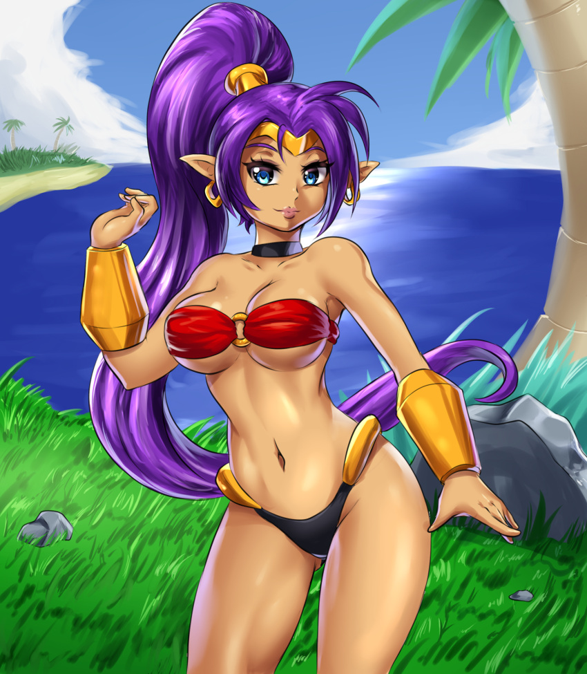 1girl adapted_costume arabian_clothes arabian_female arm_at_side bare_legs bare_shoulders beach big_breasts black_choker blue_eyes bracer breasts choker cleavage closed_mouth cloud collarbone contrapposto dancing dark-skinned_female dark_skin day earrings female_only female_solo floating_hair gold_bracer gold_earrings gold_jewelry grass hand_up harem_outfit high_ponytail hoop_earrings jewelry legs leonart lips lipstick long_hair looking_at_viewer makeup medium_breasts midriff navel neck ocean outside palm_tree pink_lipstick pointy_ears ponytail pose posing purple_hair revealing_clothes rock sand shantae shantae_(character) sky smile standing straight_hair strapless thighs tiara tied_hair tree under_boob very_long_hair water