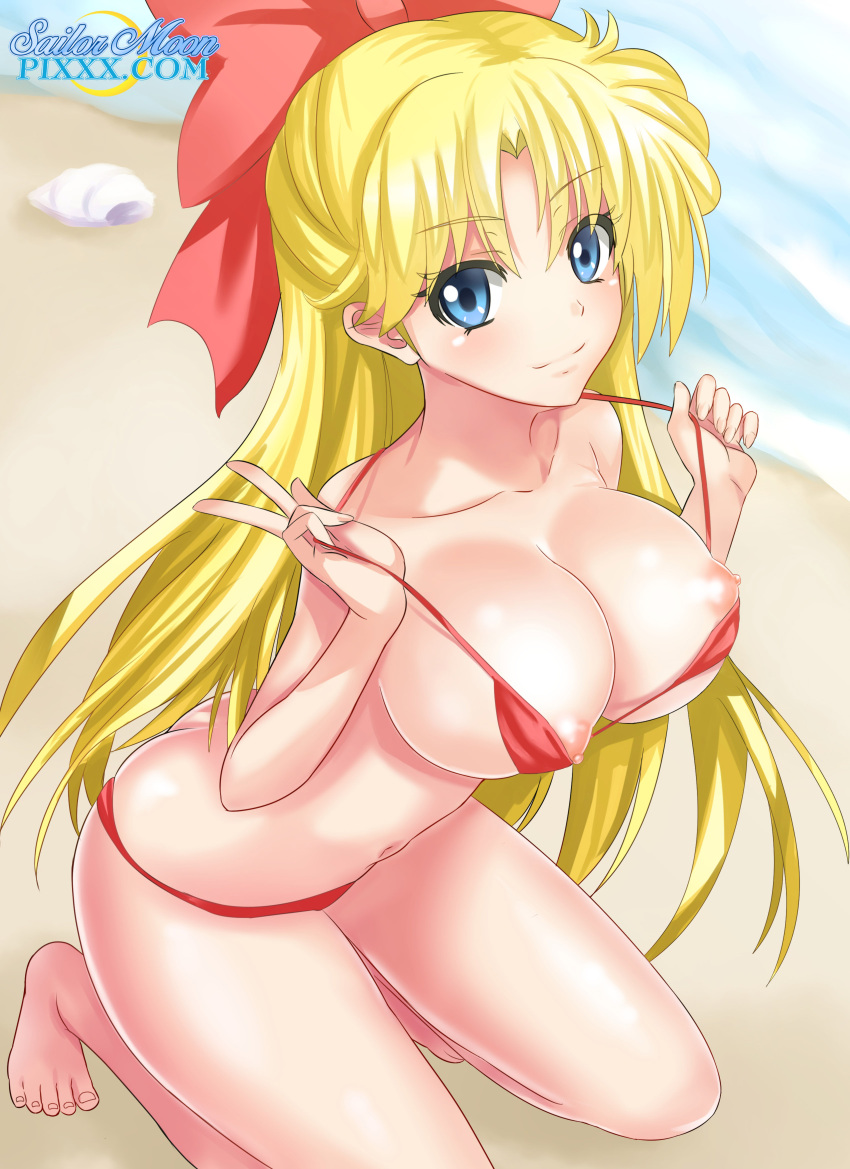 1girl adult_swim alluring artist_request bare_legs barefoot beach big_breasts bikini bishoujo_senshi_sailor_moon bishoujo_senshi_sailor_moon_r bishoujo_senshi_sailor_moon_r_the_movie bishoujo_senshi_sailor_moon_s bishoujo_senshi_sailor_moon_s_the_movie bishoujo_senshi_sailor_moon_supers bishoujo_senshi_sailor_moon_supers_the_movie blonde_hair blue_eyes eyebrows_visible_through_hair female_only hairbow kneeling_on_ground long_blonde_hair long_hair looking_at_viewer looking_up_at_viewer micro_bikini minako_aino nude outside red_bikini sailor_venus sailormoonpixxx source_request toei_animation toonami viz_media