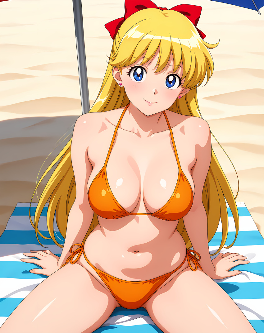 1girl adult_swim alluring beach beach_umbrella big_breasts bishoujo_senshi_sailor_moon bishoujo_senshi_sailor_moon_r bishoujo_senshi_sailor_moon_r_the_movie bishoujo_senshi_sailor_moon_s bishoujo_senshi_sailor_moon_s_the_movie bishoujo_senshi_sailor_moon_supers bishoujo_senshi_sailor_moon_supers_the_movie blonde_hair blue_eyes cleavage minako_aino ocean on_beach_towel pin_up thedaeron toei_animation toonami viz_media