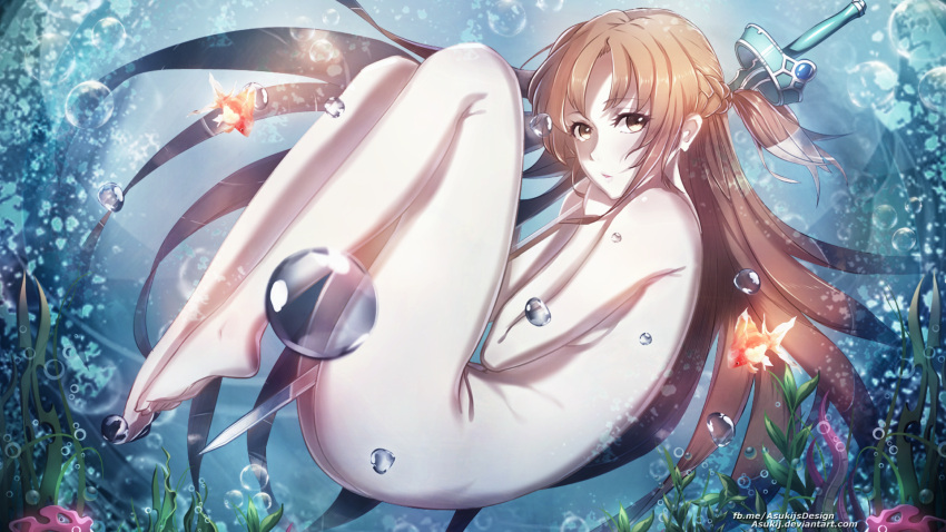 1girl alluring artistic_nudity ass asukij asuna_(sao) barefoot bubble collarbone completely_nude covering_breasts covering_privates deviantart_username feet female female_focus fingernails fish from_side full_body hands_up high_res holding holding_sword holding_weapon knees_up legs long_hair looking_at_viewer matching_hair/eyes medium_breasts nature navel nude nudist ocean orange_eyes orange_hair outside parted_bangs parted_lips rapier shiny_skin shy sideboob sidelocks skinny_dipping soles solo straight_hair submerged swimming sword sword_art_online thighs toenails toes turning_head underwater unworn_clothes water weapon wet wet_hair yuuki_asuna