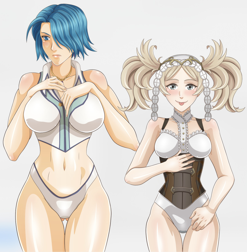 1girl alluring ass_visible_through_thighs big_breasts big_breasts blonde_hair blue_eyes blue_hair blush clothed corset fire_emblem fire_emblem:_radiant_dawn fire_emblem_awakening fire_emblem_warriors intelligent_systems leenvidia light_blue_eyes light_blue_hair lips lissa_(fire_emblem) looking_at_viewer looking_away looking_to_the_side lucia_(fire_emblem) medium_breasts midriff nintendo one_eye_covered smile sticking_out_tongue thighs tongue tongue_out twin_tails