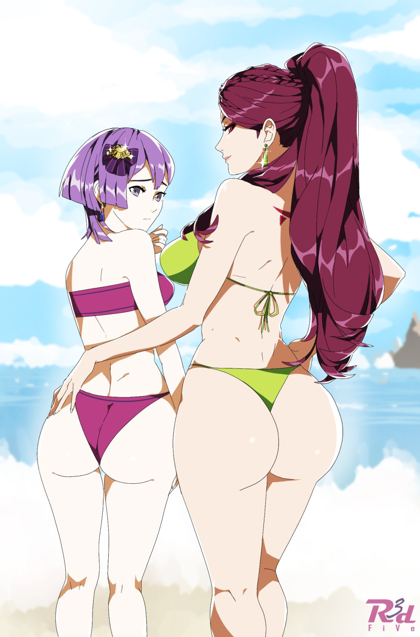 2_girls alluring ass bare_shoulders bernadetta_von_varley big_breasts bikini blue_eyes earrings fire_emblem fire_emblem:_three_houses from_behind hair_ornament hair_ribbon hand_on_ass high_res jewelry long_hair looking_at_viewer looking_back multiple_boys multiple_girls nintendo petra_macneary ponytail purple_hair r3dfive red_eyes ribbon shiny_skin short_hair sideboob smile swimsuit thong thong_bikini very_long_hair