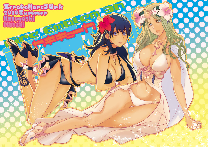 2020 2_girls alluring artist_name bad_id bad_twitter_id big_breasts bikini black_bikini black_vs_white blue_eyes byleth_(fire_emblem) byleth_(fire_emblem)_(female) byleth_(summer)_(fire_emblem)_(female) cleavage closed_mouth dagger feet female_focus fire_emblem fire_emblem:_three_houses fire_emblem_heroes flower from_side green_eyes green_hair hair_flower hair_ornament high_heels intelligent_systems knife long_hair looking_to_the_side masakikazuyoshi matching_hair/eyes multiple_girls navel nintendo official_alternate_costume rhea_(fire_emblem) rhea_(summer)_(fire_emblem) sandals sheath sheathed sitting smile swimsuit teal_hair toes weapon white_bikini