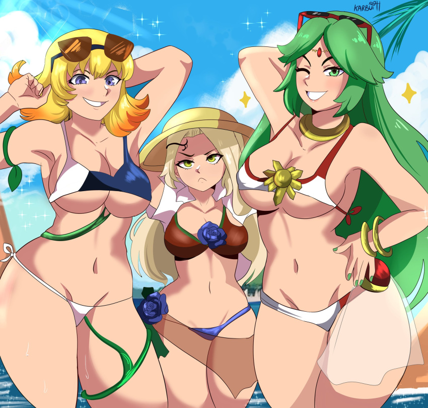 3_girls alluring big_breasts bikini blonde_hair blue_eyes female_focus flower green_eyes green_hair hat high_res karbuitt kid_icarus kid_icarus_uprising long_hair looking_at_viewer matching_hair/eyes multicolored_hair multiple_girls nail_polish navel nintendo one_eye_closed orange_hair palutena phosphora plant short_hair sunglasses swimsuit two-tone_hair under_boob vines viridi wide_hips wink yellow_eyes