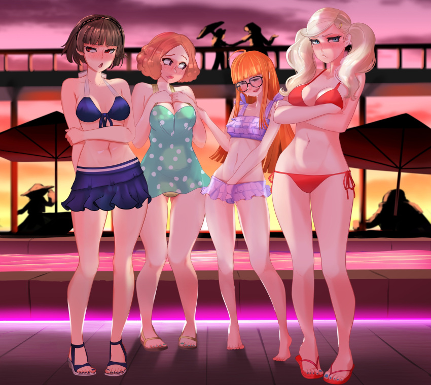 4girls absurd_res ahoge alluring ann_takamaki atlus barefoot bikini blonde_hair blue_eyes blush blysill cleavage crossed_arms female_focus female_masturbation flip-flops full_body glasses gluteal_fold hand_in_panties high_res long_hair looking_at_viewer makoto_niijima masturbation medium_breasts multiple_girls nail_polish navel okumura_haru orange_hair panties persona persona_5 red_eyes sakura_futaba sandals sega short_hair silf sweat swimsuit toenail_polish toenails twin_tails underwear
