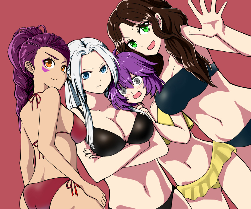 4girls absurd_res ahoge alluring ass back bandeau bernadetta_von_varley big_breasts bikini bikini_skirt black_bikini blue_eyes blush braid braided_ponytail breast_hold brown_hair cleavage closed_mouth cowboy_shot crossed_arms dark-skinned_female dark_skin dorothea_arnault dutch_angle edelgard_von_hresvelg facepaint fire_emblem fire_emblem:_three_houses forehead french_braid green_eyes grey_eyes hair_between_eyes halterneck high_res intelligent_systems long_hair looking_at_viewer medium_breasts midriff mikanbisya multiple_girls navel nintendo open_mouth orange_eyes parted_bangs petra_macneary ponytail purple_hair red_background red_bikini short_hair side-tie_bikini_bottom side_braid sideboob silver_hair simple_background small_breasts smile string_bikini swimsuit thighs waving yellow_bikini