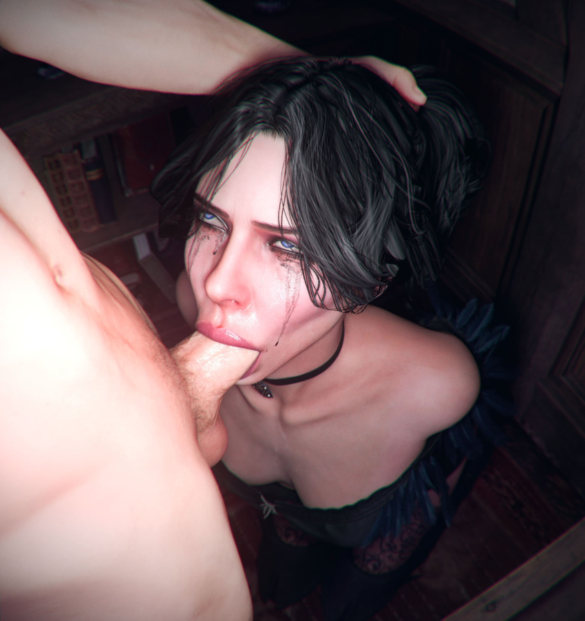 1boy 1girl 1girls 3d 3d_(artwork) :>= balls black_hair blowjob_face blue_eyes blue_eyes_female cd_projekt_red checkpik choker clothed clothed_female_nude_male clothing collarbone deepthroat fellatio female_focus hand_on_head kneel kneeling_blowjob kneeling_oral_position lips looking_at_partner makeup mole mole_under_mouth nude nude_male on_knees oral oral_penetration penis penis_in_mouth pubes pubic_hair ruined_makeup sucking sucking_penis the_witcher_(series) the_witcher_3:_wild_hunt yennefer