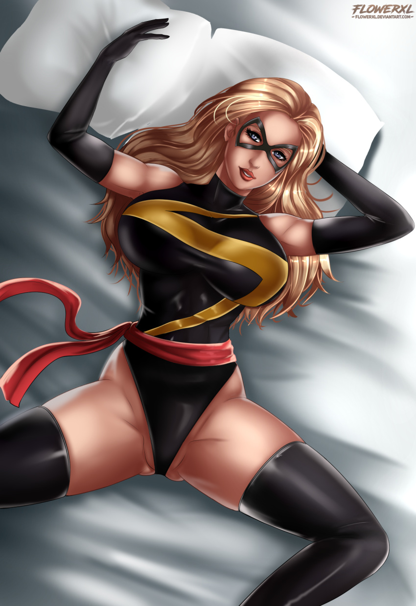 1girl bed blonde_hair blue_eyes carol_danvers cosplay flowerxl gloves looking_at_viewer lying_on_back marvel marvel_comics mask ms._marvel ms._marvel_(carol_danvers) pussy pussy_peek stockings superheroine tight_clothing