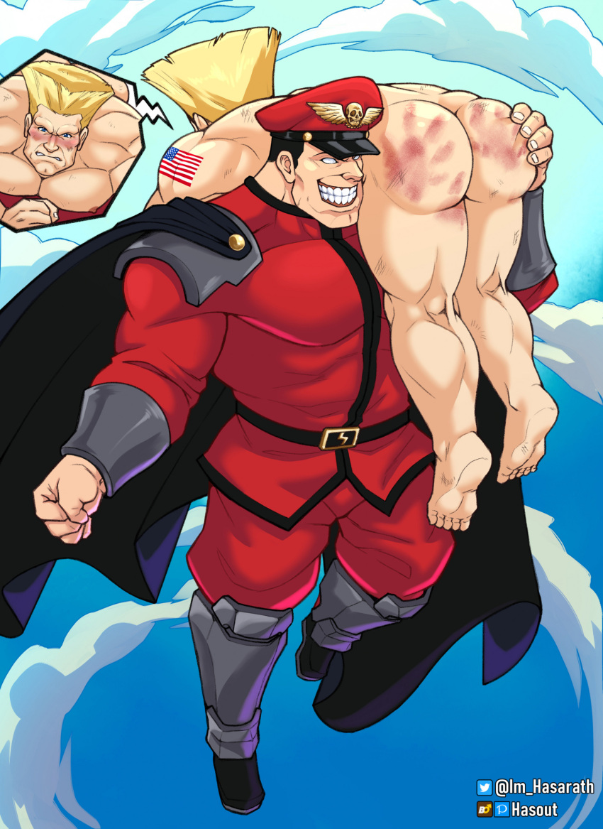 2boys alternate_version_at_source alternate_version_available bara blonde blue_eyes blush capcom clothed_male_nude_male cmnm day defeated defeated_hero embarrassed embarrassed_nude_male enm evil_grin flying groping groping_ass groping_breasts guile handprint_on_ass human human_only humiliated im_hasarath m_bison male male_only muscular muscular_male no_visible_genitalia nude nude_male over_shoulder over_the_shoulder sky spanked story_in_description street_fighter tattoo